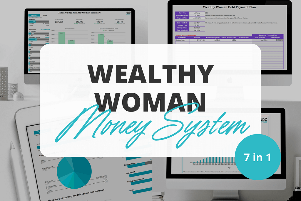 Wealthy Woman Money System from Health Self and Wealth. Google sheets money management template for incomes, expenses, investments, debt payoff, net worth tracking, and retirement planning.
