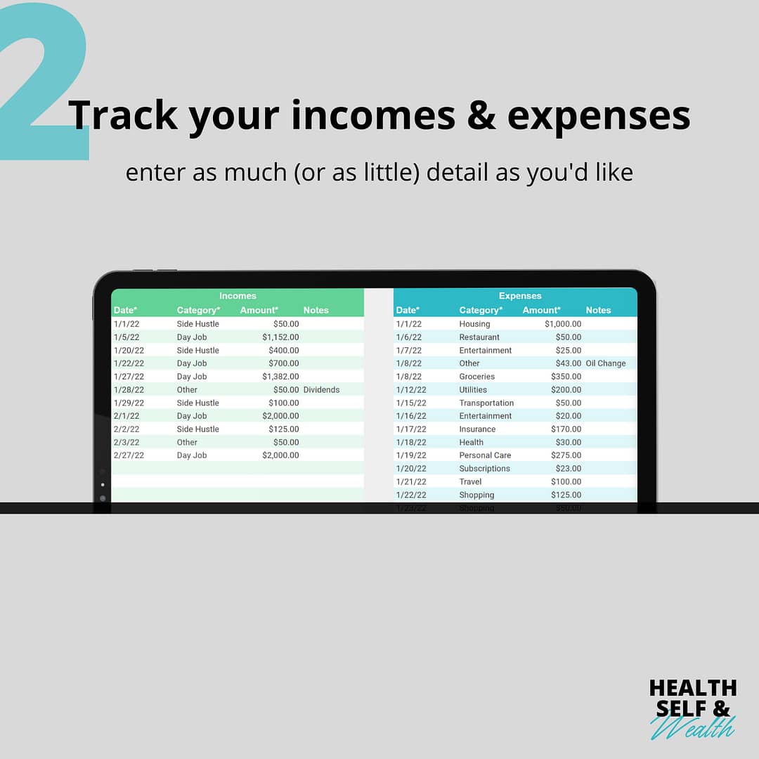 Track our incomes and expenses with the Google Sheets Monthly Budget Template. Enter as much or as little detail as you'd like. Available from Health Self and Wealth at healthselfandwealth.com.
