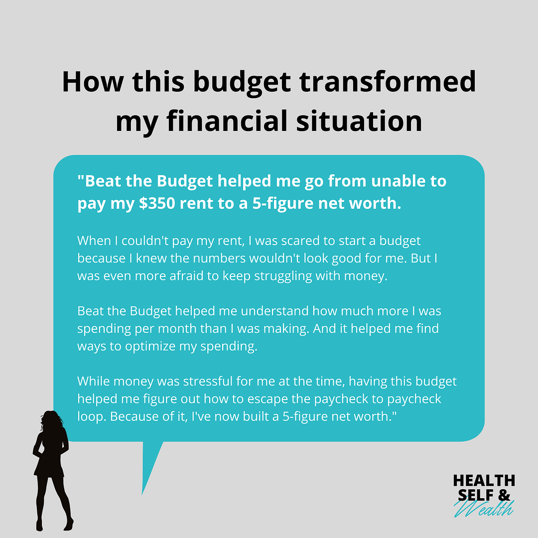 how this budget transformed my financial situation. "Beat the Budget helped me go from unable to pay my $350 rent to a 5-figure net worth.  When I couldn't pay my rent, I was scared to start a budget because I knew the numbers wouldn't look good for me. But I was even more afraid to keep struggling with money.  Beat the Budget helped me understand how much more I was spending per month than I was making. And it helped me find ways to optimize my spending.  While money was stressful for me at the time, having this budget helped me figure out how to escape the paycheck to paycheck loop. Because of it, I've now built a 5-figure net worth." Health Self and Wealth at healthselfandwealth.com.