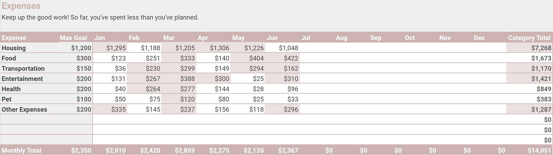 Tracking monthly spending per category using the Personal Finance Planner.