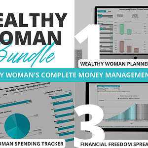 Wealthy Woman Bundle from Health Self and Wealth at healthselfandwealth.com. a wealthy woman's complete money management system. 1. wealthy woman planner for tracking incomes, expenses, investments, savings, debt payoff, and net worth. 2. wealthy woman spending tracker to spend intentionally and escape the paycheck to paycheck cycle. 3. financial freedom spreadsheet to estimate when you can become the ultimate wealthy woman: work optional. download your digital wealthy woman bundle now.