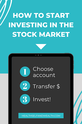 how to start investing in the stock market from Health Self and Wealth at healthselfandwealth.com. 1) choose an investment account 2) transfer money to the investment account 3) invest by buying the funds.