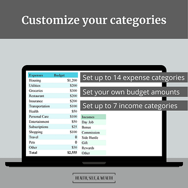 Beat the Budget Setup Page. You can customize your budget categories with your own names and budget amounts. Monthly digital budget template available at Health Self and Wealth.