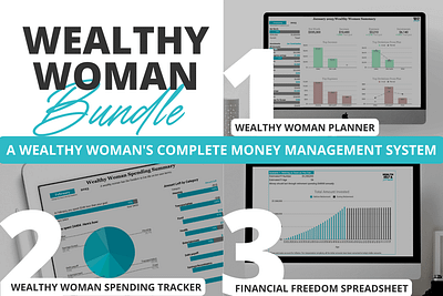 Wealthy Woman Bundle from Health Self and Wealth at healthselfandwealth.com. a wealthy woman's complete money management system. 1. wealthy woman planner for tracking incomes, expenses, investments, savings, debt payoff, and net worth. 2. wealthy woman spending tracker to spend intentionally and escape the paycheck to paycheck cycle. 3. financial freedom spreadsheet to estimate when you can become the ultimate wealthy woman: work optional. download your digital wealthy woman bundle now.